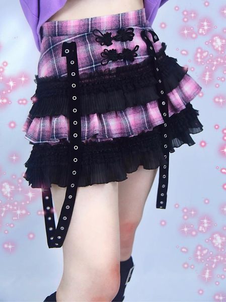

skirts original design punk japanese black pink plaid skirt ribbon lace multi layers lolita kawaii sweet girls mini cake
