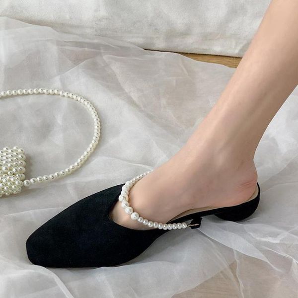 

slippers for women 2021 spring vintage square heel pearl sandals string bead elegant women's shoes shallow black slides sandal