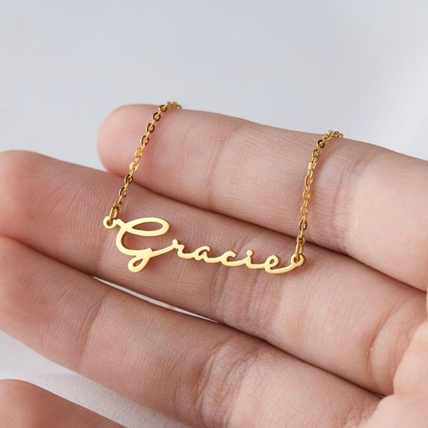 

handwriting style name necklace personalized stainless steel signature font nameplate choker necklaces women gifts, Golden;silver