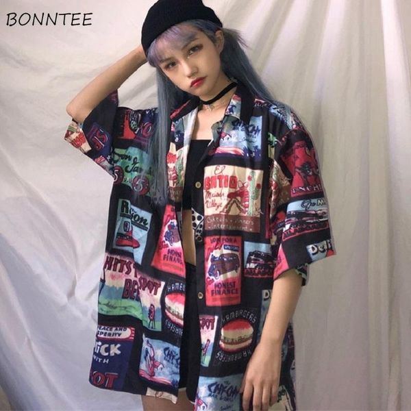 

women's blouses & shirts women simple all-match hip hop harajuku trendy korean style loose printed womens leisure single breasted ladie, White