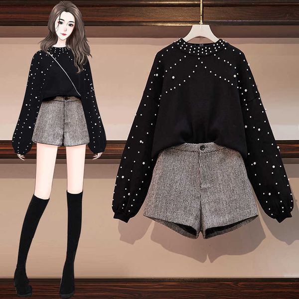 

two piece dress winter plus size women knitting sets solid v-neck pearls beading pullover sweater package hip pencil mermaid skirt suit 1s0q, White