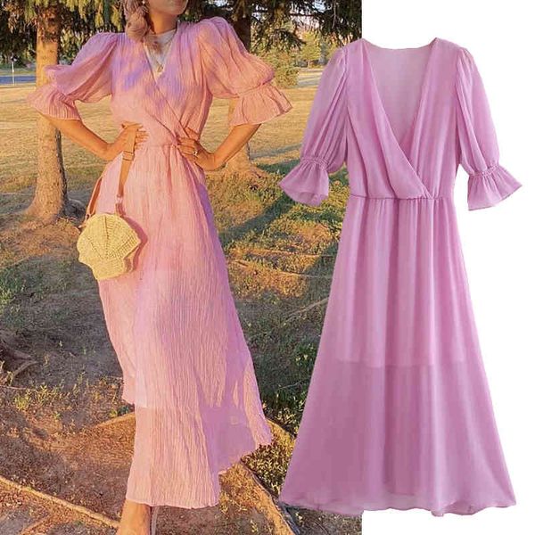 

casual dresses fashion lavender purple dress v-neck midi puff sleeve woman slim waist chic party es goer, Black;gray