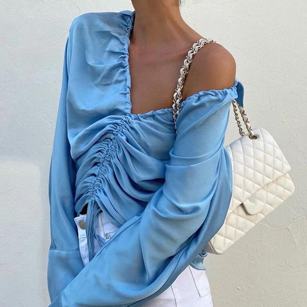 

women's blouses & shirts ladies drawstring ruched long sleeve v-neck spring autumn women club party silky satin crop female blusas, White