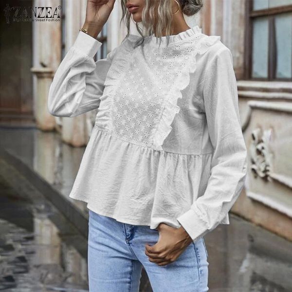 

women's blouses & shirts stylish lace hollow women ruffle-trim blouse 2022 spring long sleeve high waist blusas solid tunic chem, White