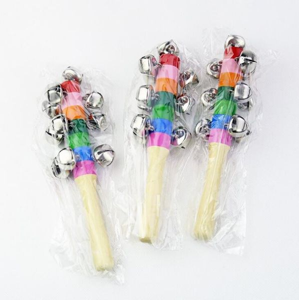 

18cm party favor rattles jingle bells wooden stick style rainbow hand shake sound bell baby educational toy children gift