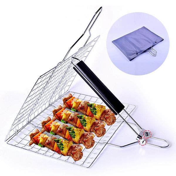 

tools & accessories portable non-stick stainless steel barbecue grill roast basket fish vegetables outdoor grilling net kitchen tool wooden