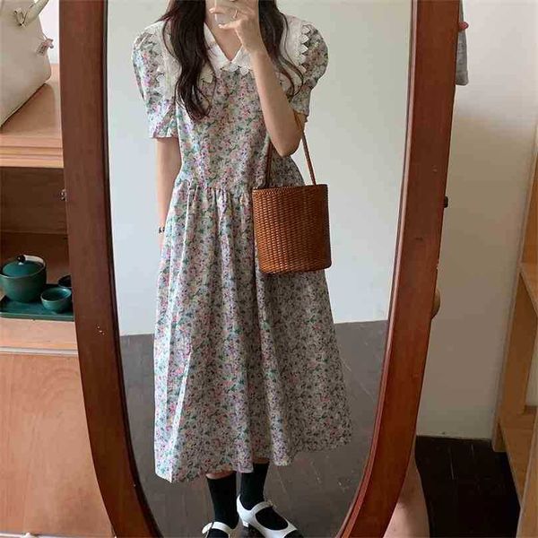 

korean cute florals loose summer vintage lady prom femme retro short sleeves long dresses vestidos 210525, Black;gray