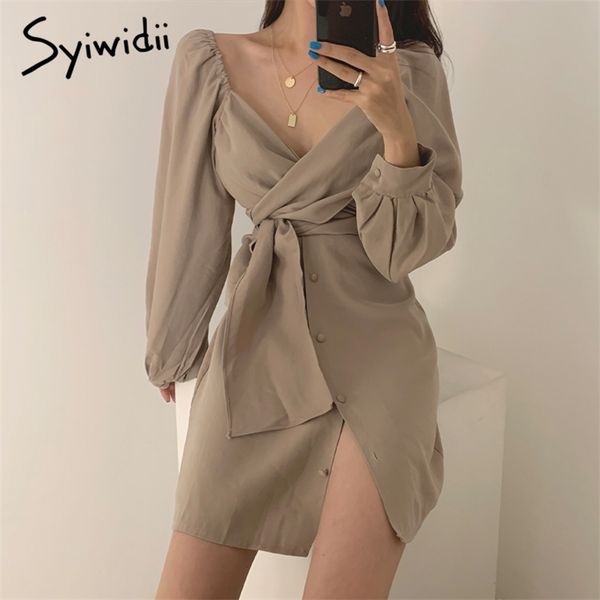 

dress women korean chic v neck slim with belt solid casual high waist a line button cross black beige 210607, Black;gray