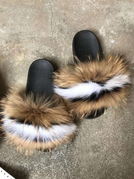 

slippers 2021 latest design puffy soft indoor fur slides with custom colou, Black