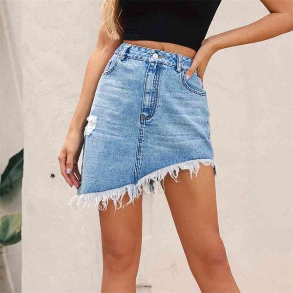 

woman retro washed irregular ripped fringed denim skirt female summer high waist skirts elastic bodycon hip saia jeans 210530, Black