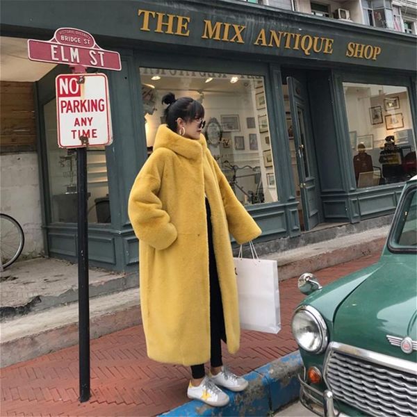 

women's fur & faux imitation mink velvet luxury coats parkas women winter thick loose warm outwear plush hooded jacket female y890, Black
