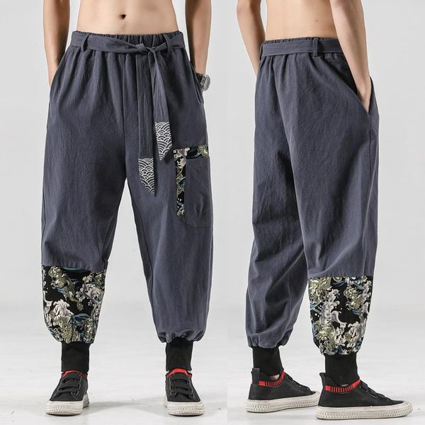

men's pants fashion chinese style embroidered belt lantern loose cotton linen casual harem streetwear, Black