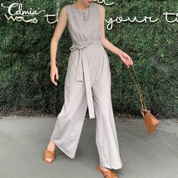 

women's jumpsuits & rompers 2021 fashion long celmia women vintage casual ladies sleeveless loose high waist belted summer playsuits, Black;white