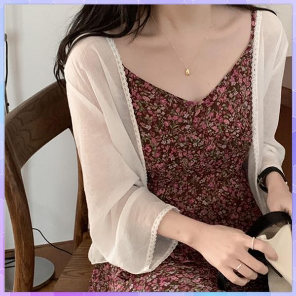 

women's swimwear white swimsuit cover up loose lace chiffon beach sunscreen clothing summer thin cardigan jacket small female crop top, White;black