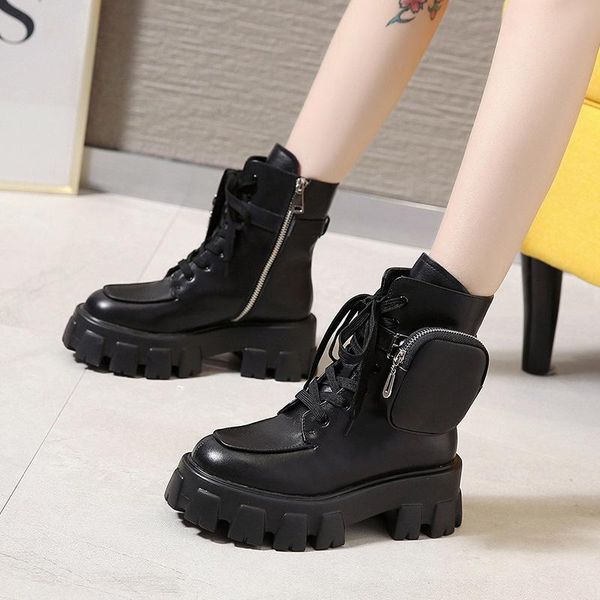

boots 2021 winter product pocket motorcycle women platform shoes lace up thick-soled black military woman botas mujer