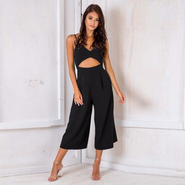 

women's jumpsuits & rompers 2021 v neck backless jumpsuit romper women lace up halter playsuit high waist overalls split wide summer bo, Black;white