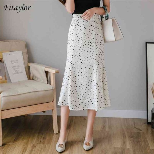

fitaylor women chiffon polka dot medium mermaid skirt casual spring summer female high waist black white skirts 210702