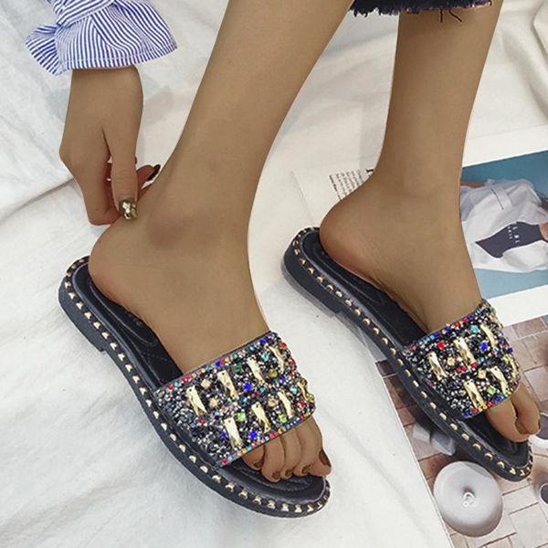 

sandals sequined rhinestone flat woman shoes bohemian style women's with rhinestones zapatos de mujer slaps women, Black