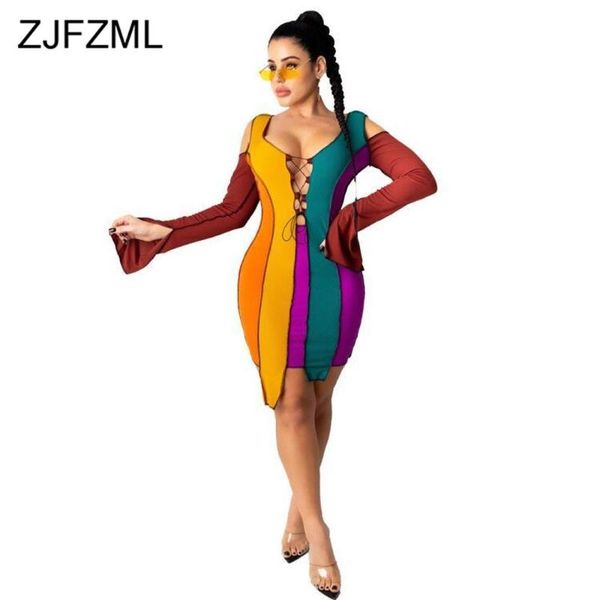 

casual dresses rainbow striped bandage drawstring women dress deep v neck full flare sleeve bodycon streetwear skinny stretchy, Black;gray