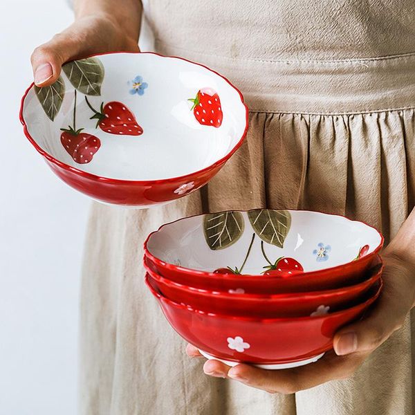 

bowls 1pc red strawberry bowl undergalzed ceramic salad rice soup household dinnerware 6 inch
