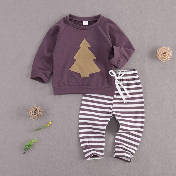 

clothing sets 0-24m children's 2 piece set long sleeve christmas tree elastic waist striped trousers for kids baby boy girls outfits 20, White
