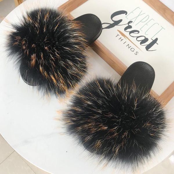 

women summer casual fur slippers flat non-slip solid real hair slides large size, Black