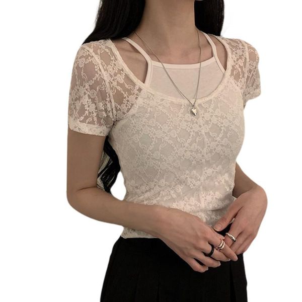 

women summer lace see through crop , sheer o-neck short sleeves slim t-shirt streetwear for girls 2021 women's, White