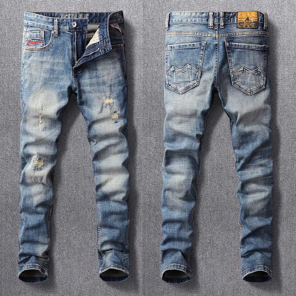 

italian style fashion men jeans retro blue slim fit ripped patchwork designer vintage casual denim pants