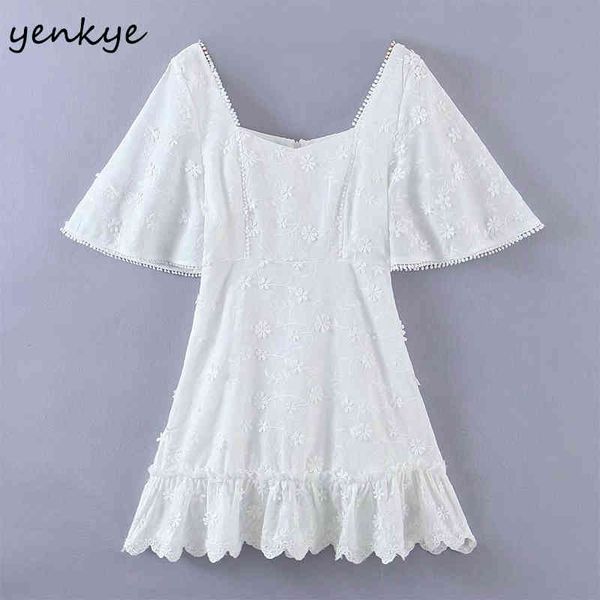 

fashion women floral white party dress female square neck flare sleeve a-line mini summer vestido 210430, Black;gray