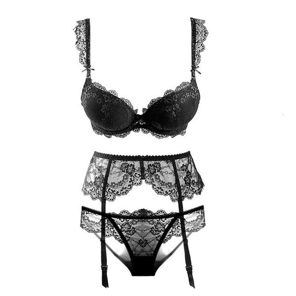 

varsbaby gathered lace lingerie bra suit garter three piece set, Black;white