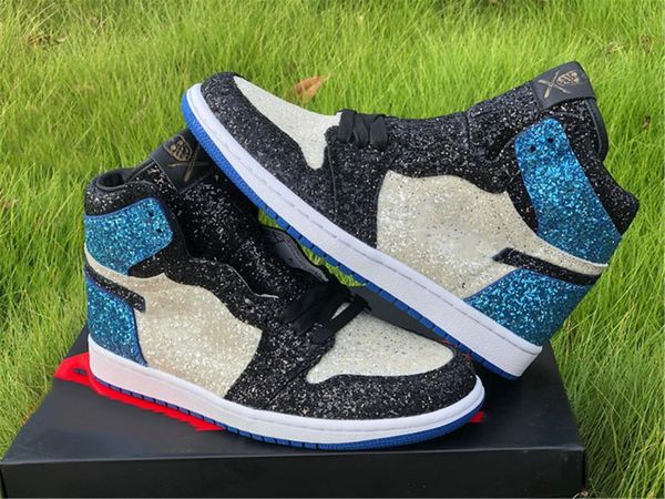 

good quality jumpman 1 mens womens basketball shoes black and blue glitter sports shoelace shoe box full size 36 --- 47.5