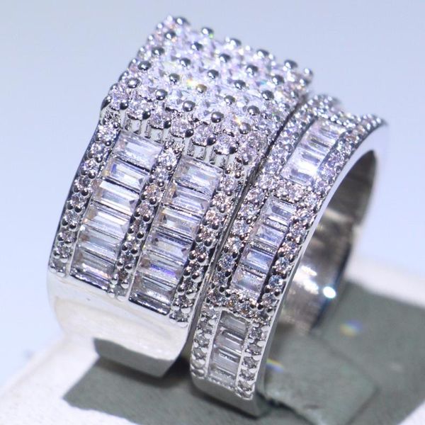 

wedding rings veclon luxury jewelry couple 925 sterling silver full pave 5a zirconia cz promise lucky bridal ring set for women, Slivery;golden
