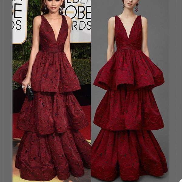 

2021 modest burgundy evening dresses deep v neck tiered skirt lace sleeveless custom made designer prom party ball gown vestido, Black;red