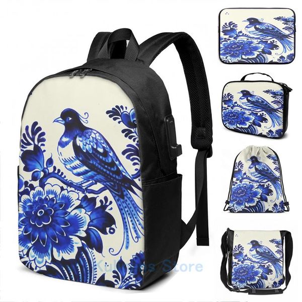 

backpack funny graphic print delft porcelain oriental toile usb charge men school bags women bag travel laptop