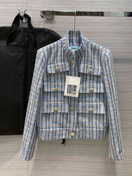 

women's trench coats luxury runway design blue plaid woven wool mixtures short women's nice jacket vest retro pocket button liner, Tan;black