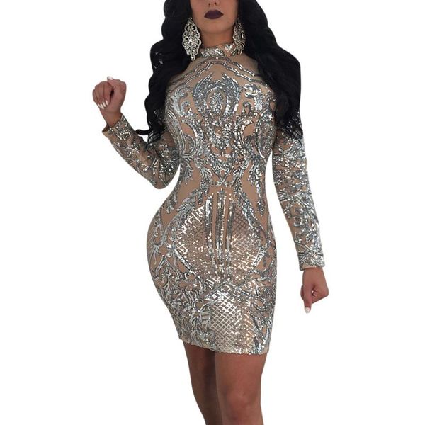 

casual dresses women sequins long sleeve club dress gorgeous o-neck bodycon mini party stage costumes vestidos de fiesta, Black;gray