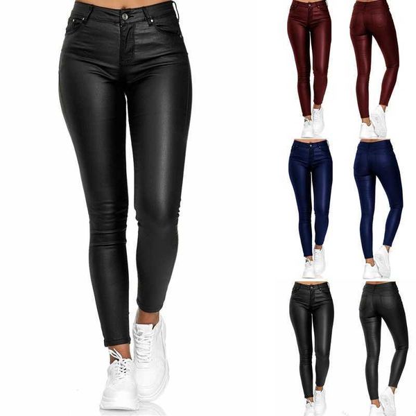 2021 Moda Katı Renk Deri Rahat Pantolon Ayaklar kadın Seksi Sıkı Bayanlar Streç Yüksek Bel Q0801