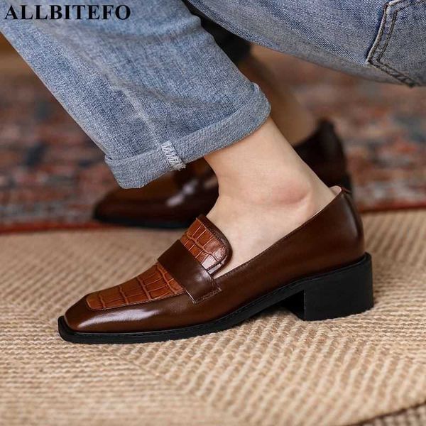 

allbitefo thick heels genuine leather square toe brand high heels shoes autumn/spring women heels shoes party women shoes 210611, Black