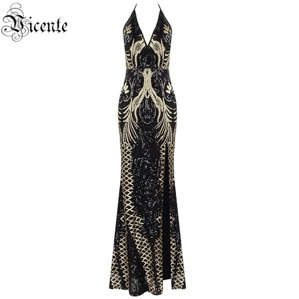 

elegant women black dress halter v neck sequins celebrity christmas party maxi vestidos 210520, Black;gray