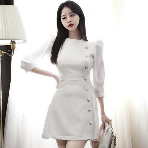 

korea slim 3/4 puff sleeve a-line white mini dress women's casual ol cloth dresses, Black;gray