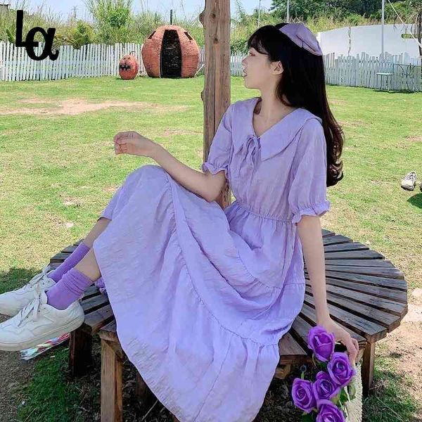 

summer women purple shorts sleeve high waist peter pan collar a-line beach dress female lace up holiday solid vestido 210519, Black;gray