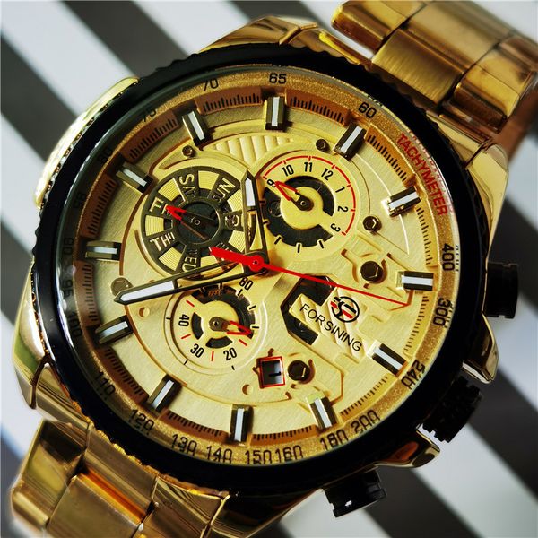 

researching automatic men watches racing car design golden 6 hands calendar date function rustless steel tape mechanical, Slivery;brown