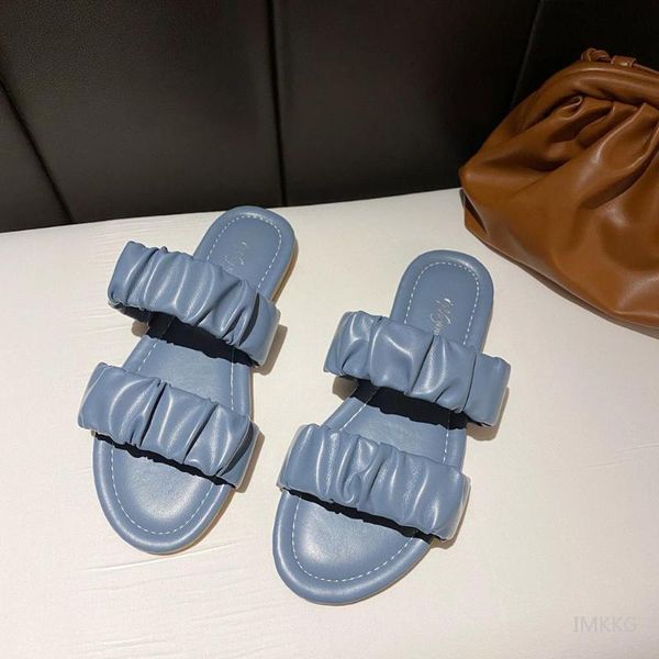 

slippers women's blue sandals 2021 ladies shoes slides female black beige pleated flat heels comfy woman zapatos mujer