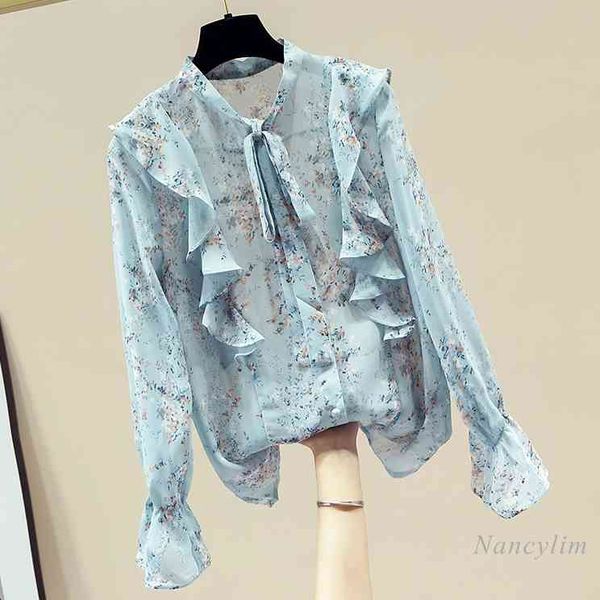 

blouses ruffled floral chiffon blouse for women long sleeve temperament ladies bow collar all-match blusas nancylim, White