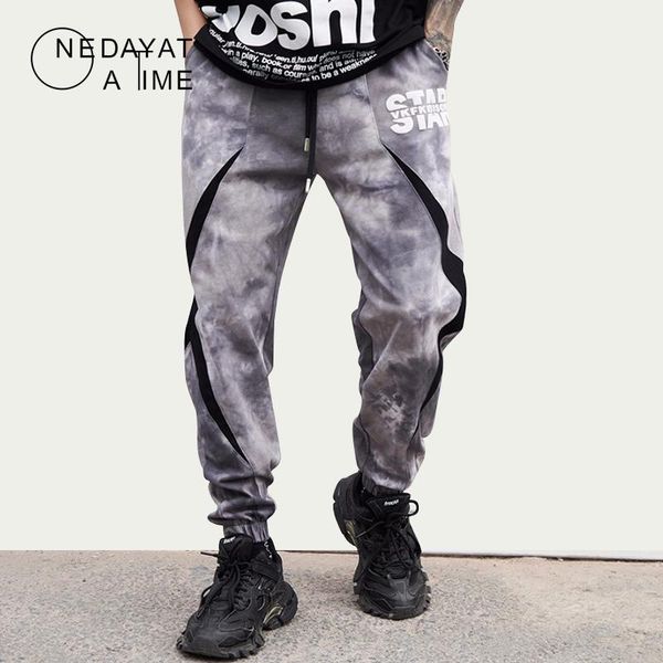 

men's pants tie-dye patchwork casual multi-pocket elastic waist sweatpants pant hip hop streetwear cargo men little feet trousers, Black