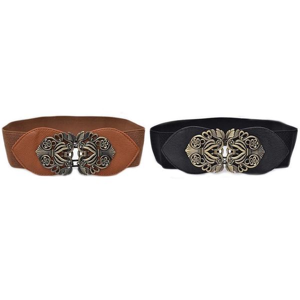 

2x women's retro flower elastic stretch buckle wide waist belt waistband (black&light tan) belts, Black;brown