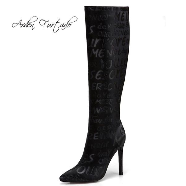 

boots arden furtado 2021 fashion winter pointed toe women's stilettos heels zipper knee high big size 47 48, Black