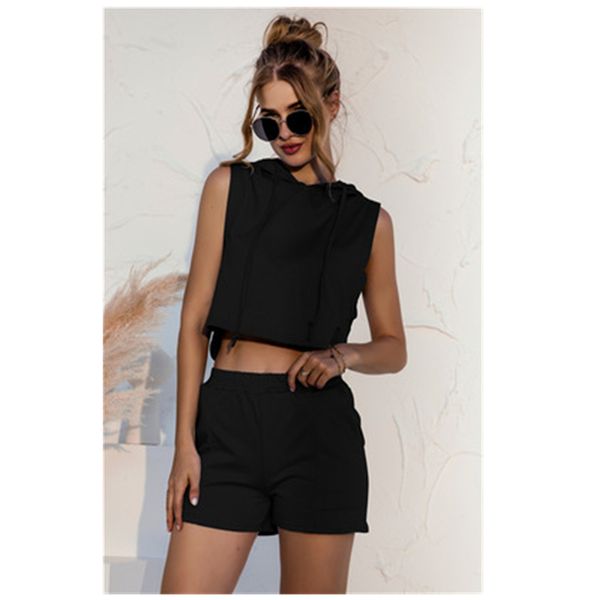

womens solid color tracksuits fashion trend sleeveless sports hooded short elastic waist shorts suits summer female loose casual sets, Gray