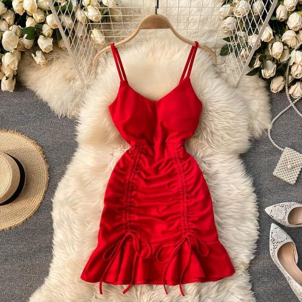

v neck women dress spaghetti strap sleeveless mini bodycon summer slim waist drawstring ruched ruffles party, Black;gray