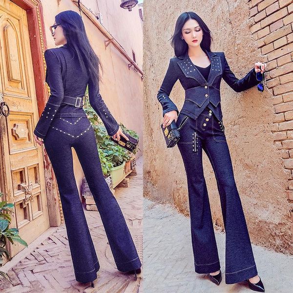 

women's two piece pants 2021 women spring autumn fashion two-piece sets female slim casual suit jackets ladies high waist flare denim s, White